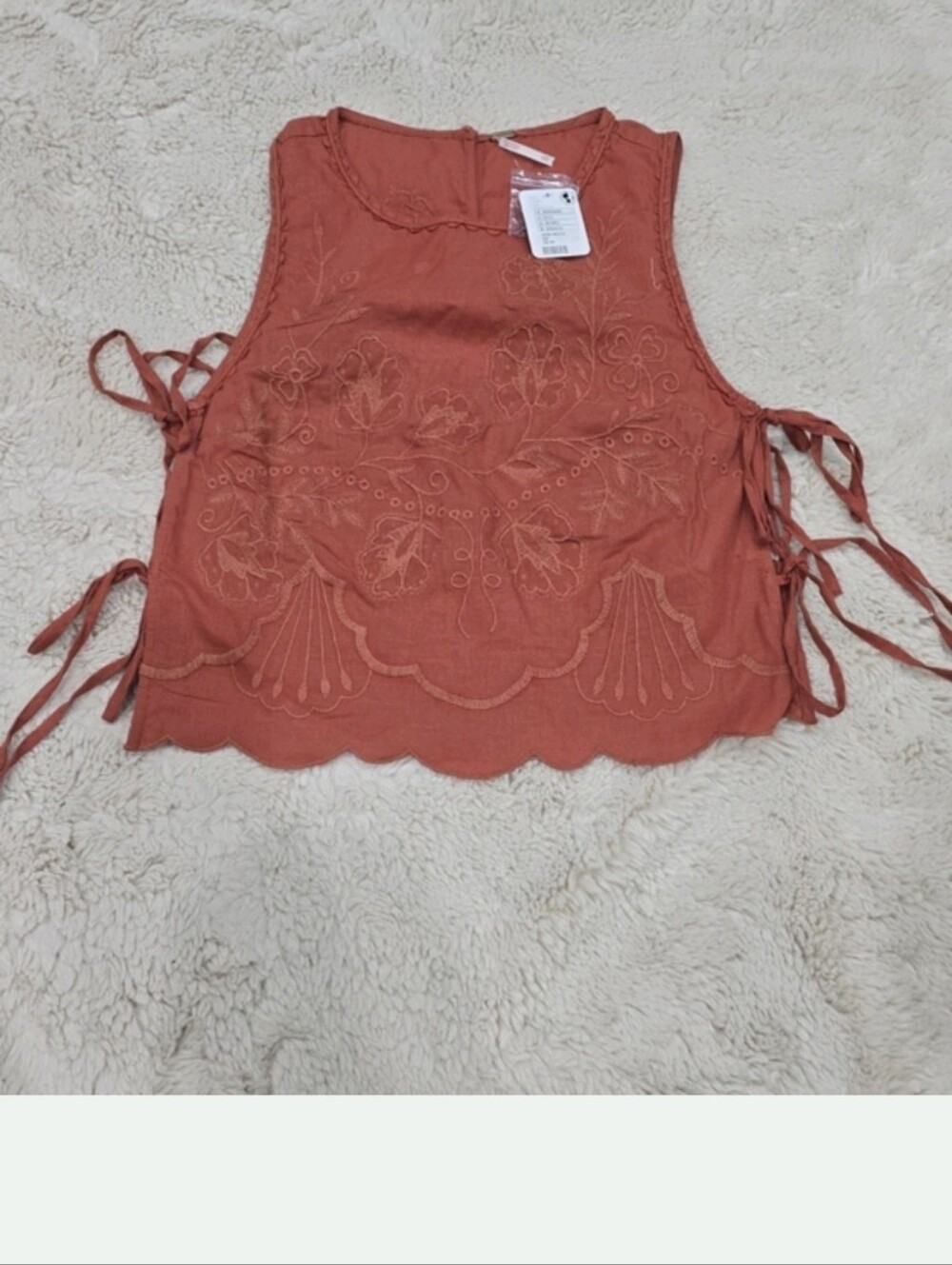 Embroidered Sleeveless Tie-Side Top in Terracotta
